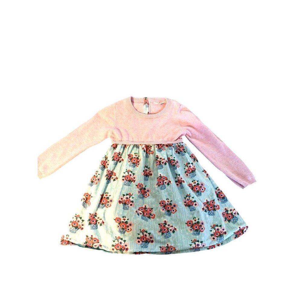 JOHN LEWIS Dress Girls 2-3 Yrs Flowers Basket Floral Pink Blue Cotton Summer